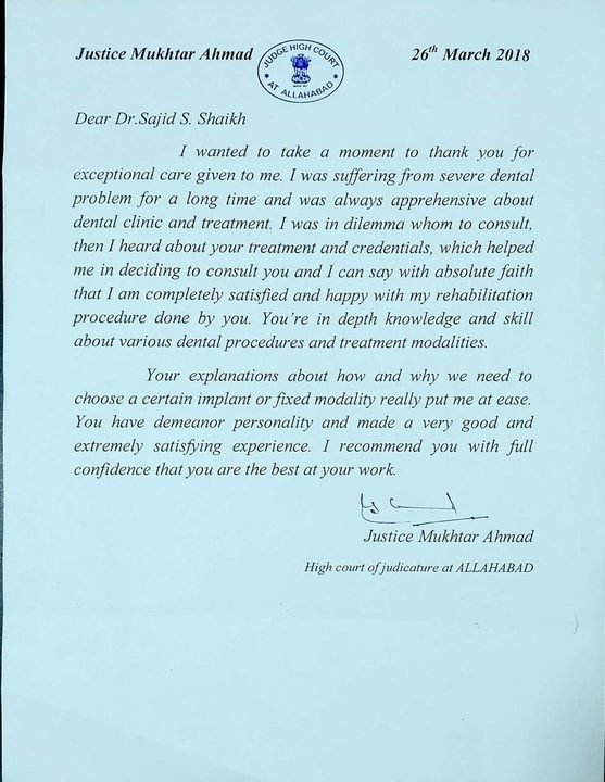 A letter from Justice Mukhtar Ahmad - Smile 4U Family Dental Clinic in the press